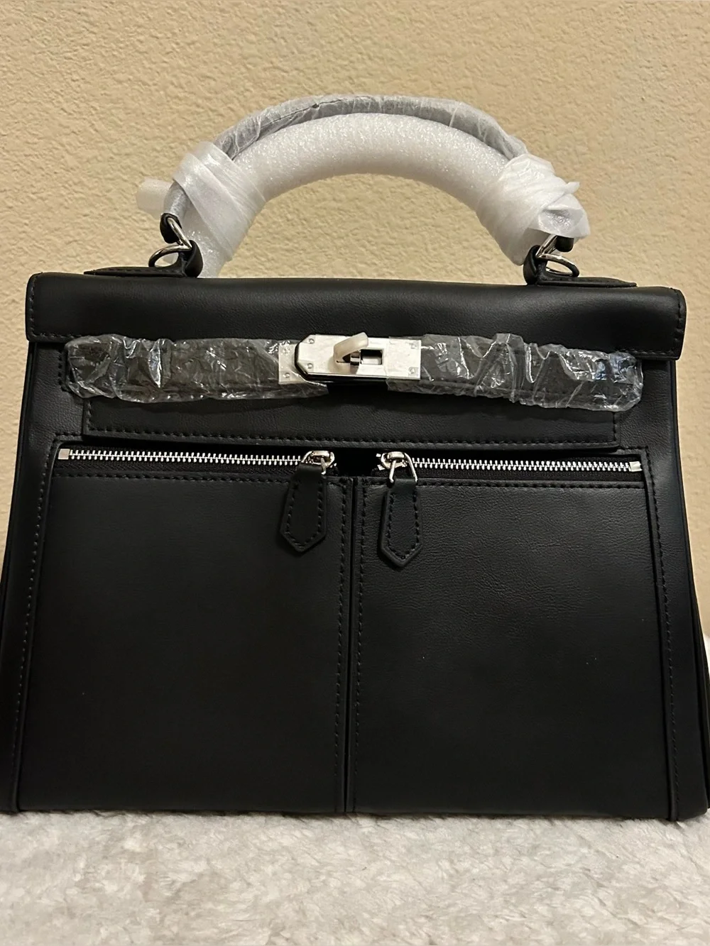 28cm Black Top Handle Double Front Pocket Leather Satchel